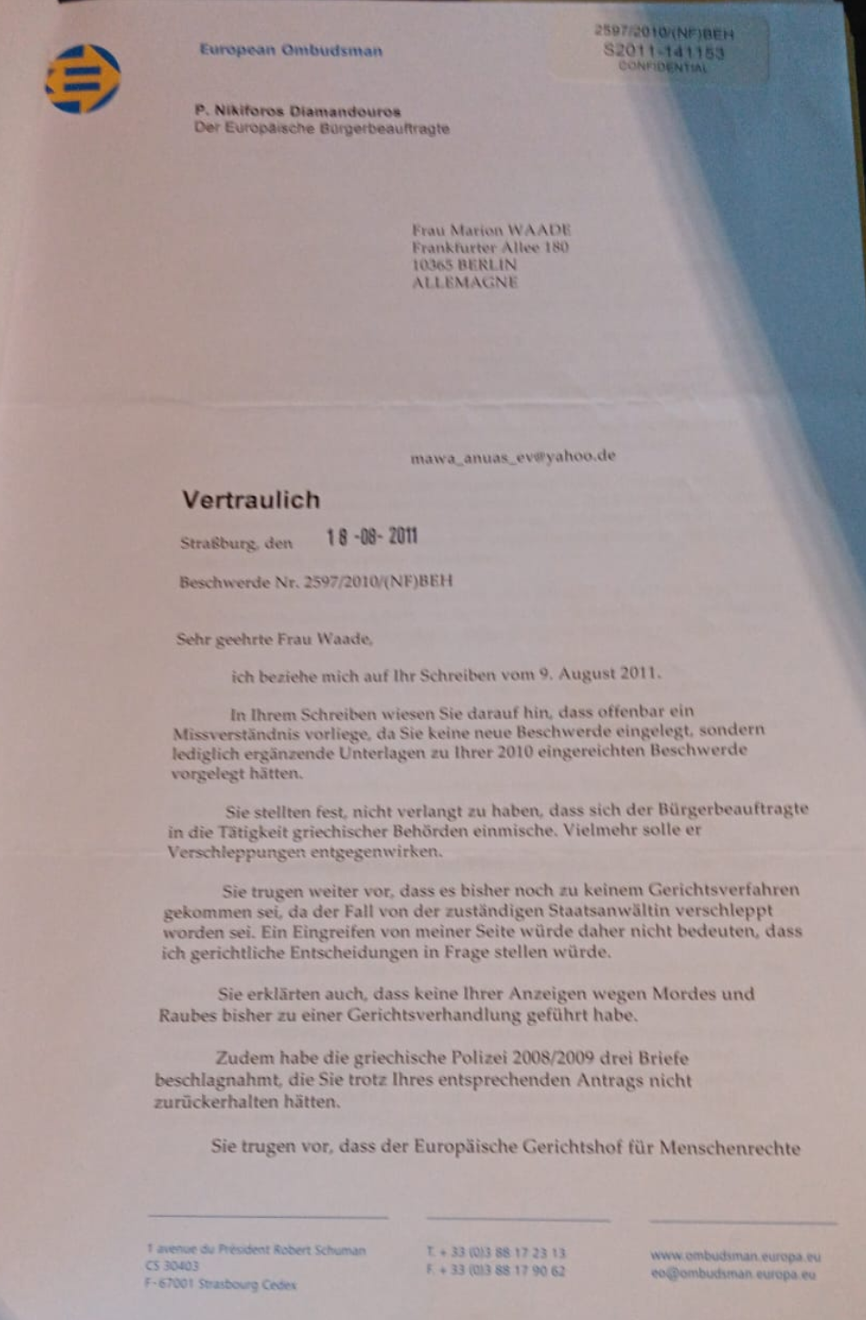 Antwortschreiben Europäischer Bürgerbeauftragter, S. 1