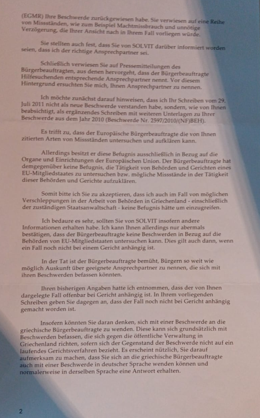Antwortschreiben Europäischer Bürgerbeauftragter, S. 2